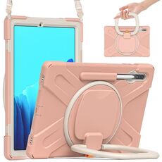 Per Samsung Galaxy Tab S8 + / Tab S8 Plus / Tab S7 FE / TAB S7 + T970 / T975 Silicone + custodia protettiva in silicone + PC con supporto e tracolla (oro rosa)