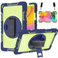 Per Samsung Galaxy Tab A 10.1 2019 T515 T515 360 gradi Rotazione Contrasto Colore Antifondo antiurto + Cassa in silicone + PC con supporto e cinturino a maniglia e tracolla (navy + giallo verde)
