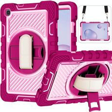 Per Samsung Galaxy Tab A 8.4 2020 T307 T307 Rotazione a 360 gradi Colore a contrasto Silicone antiurto + Cassa in silicone + PC con supporto e cinturino a maniglia e tracolla (Rosa rossa + rosa)