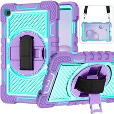 Per Samsung Galaxy Tab A 8.4 2020 T307 T307 Rotazione a 360 gradi Colore a contrasto Silicone antiurto + Cassa in silicone + PC con supporto e cinturino a maniglia e tracolla (viola + menta verde)