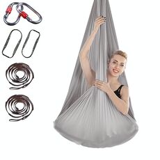 Amaca yoga aerea antigravità per interni senza nodi con fibbia / prolunga, dimensioni: 400 x 280 cm (grigio argento)
