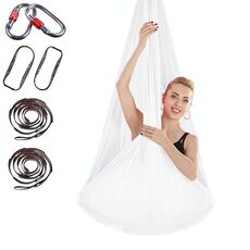 Amaca yoga aerea antigravità per interni senza nodi con fibbia / prolunga, dimensioni: 400x280 cm (bianco)