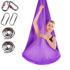 Amaca yoga aerea antigravità per interni senza nodi con fibbia / prolunga, dimensioni: 400x280 cm (viola scuro)
