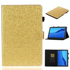 Per Huawei MediaPad M5 lite Custodia in pelle con vibrazione orizzontale lucida in polvere glitterata con supporto, slot per scheda e funzione di sospensione / sveglia (oro)