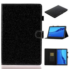 Per Huawei MediaPad M5 lite Custodia in pelle con vibrazione orizzontale lucida in polvere glitterata con supporto, slot per scheda e funzione di sospensione / sveglia (nero)