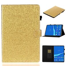 Per Lenovo Tab M10 Plus TB-X606F Custodia in pelle con vibrazione orizzontale lucida in polvere glitterata con supporto, slot per scheda e funzione di sospensione / sveglia (oro)