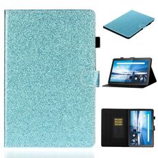 Per Lenovo Tab M10 TB-X605F / X505 Custodia in pelle con vibrazione orizzontale lucida in polvere glitterata con supporto e slot per scheda (blu)