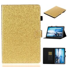Per Lenovo Tab M10 TB-X605F / X505 Custodia in pelle con vibrazione orizzontale lucida in polvere glitterata con supporto e slot per scheda (oro)