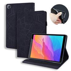 Per Huawei MatePad T8 Custodia in pelle goffrata design a doppia piegatura con motivo al polpaccio con supporto e slot per schede e slot per penna e fascia elastica (nero)