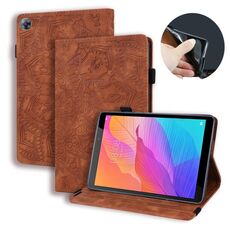 Per Huawei MatePad T8 Vitello modello Custodia in pelle a doppia pieghevole design in rilievo con il supporto e slot per schede & Pen Slot & Elastic Band (Brown)