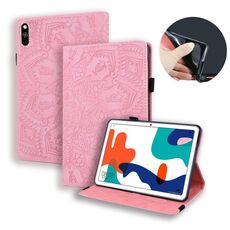 Per Huawei MatePad 10.4 Custodia in pelle goffrata con design a doppia piegatura in vitello con supporto e slot per schede e slot per penna e fascia elastica (rosa)
