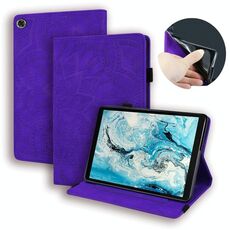 Per Lenovo Tab M8 TB-8505F 8505X 8.0 Custodia in pelle goffrata con design a doppia piegatura in vitello con supporto e slot per schede, slot per penna e fascia elastica (viola)