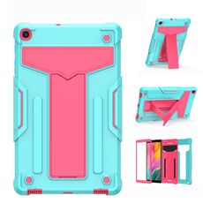 Per Samsung Galaxy Tab A10.1 (2019) T510 Staffa a forma di T Colore a contrasto PC antiurto + Custodia protettiva piatta in silicone (verde menta + rosa rossa)