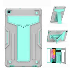 Per Samsung Galaxy Tab A8.4 (2020) T307 Staffa a forma di T Contrasto Colore antiurto PC + Custodia protettiva piatta in silicone (grigio + verde menta)