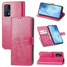 Per vivo Iqoo Neo5 Chiusura a quattro foglie in rilievo in rilievo in rilievo della fibbia della fibbia del telefono cellulare con custodia in pelle con cordino e carta Slot & Wallet & Bracket Function (Magenta)