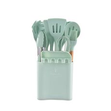 KU349 13 in 1 stoccaggio manico in legno a canna da cucina in silicone Set di cucchiaino antiaderente cucchiaio da cucina (verde chiaro)