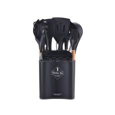KU349 13 in 1 stoccaggio a canna con manico in legno in silicone set da cucina in silicone set antiaderente cucchiaino cucchiaio da cucina (nero)