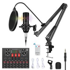 PULUZ Scheda audio Broadcast Bluetooth Bluetooth Mixer Sound Studio Kit microfono con sospensione Braccio a forbice e supporto per ammortizzatore in metallo, versione cinese (nero)