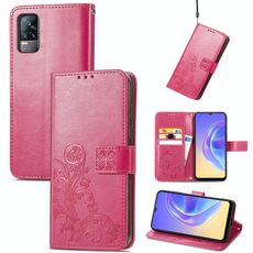 Per vivo V21E 4G chiusura a quattro foglie in rilievo in rilievo in rilievo di protezione del telefono cellulare custodia in pelle con cordino e slot per schede e portafoglio e funzionamento a portafinetto (Magenta)