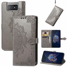 Per Asus Zenfone 8 flip mandala modello goffratura modello in pelle flip orizzontale con titolare e carte slot e portafoglio e cordino (grigio)