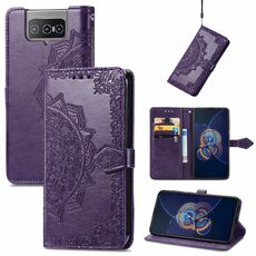 Per Asus Zenfone 8 flip mandala modello goffratura modello in pelle flip orizzontale con supporto e carte slot e portafoglio e cordino (viola)