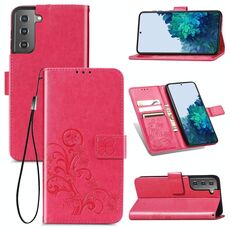 Per Samsung Galaxy S22 5G Cassa del telefono in pelle in cuoio in rilievo a quattro foglie con cordino e slot per schede e portafoglio e funzionamento a portafinetto (Magenta)