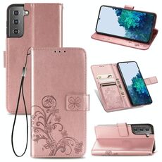 Per Samsung Galaxy S22 5G Cassa del telefono in pelle in pelle in rilievo a quattro foglie con cordino e slot per schede e portafoglio e funzionamento a portafinetto e staffa (oro rosa)