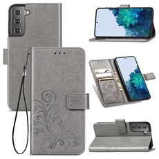 Per Samsung Galaxy S22 5G Cassa del telefono in pelle in pelle in rilievo a quattro foglie con cordino e carta Slot & Portafoglio e funzione Staffa (Grigio)
