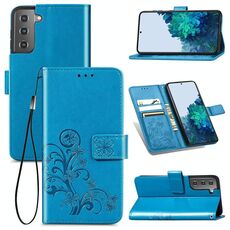 Per Samsung Galaxy S22 5G Custodia in cuoio in pelle in cuoio in rilievo con cordino e slot per schede e portafoglio e funzionamento a portafinetto e staffa (blu)