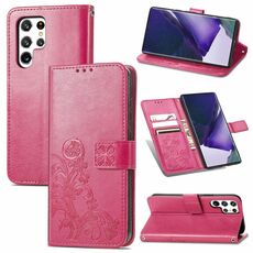 Per Samsung Galaxy S22 Ultra 5G Custodia a quattro foglie in rilievo in pelle con rilievo con cordino e carta Slot & Portafoglio e funzione Staffa (Magenta)