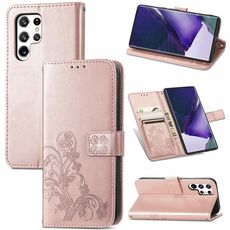 Per Samsung Galaxy S22 Ultra 5G Chiusura a quattro foglie in rilievo in pelle con rilievo con cordino e carta Slot & Portafoglio e funzione Staffa (oro rosa)