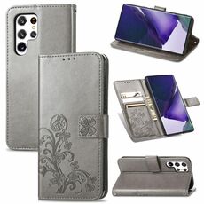 Per Samsung Galaxy S22 Ultra 5G Cassa del telefono in cuoio in pelle in rilievo a quattro foglie con cordino e carta Slot & Portafoglio e funzione Staffa (Grigio)
