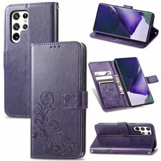 Per Samsung Galaxy S22 Ultra 5G Custodia a quattro foglie in rilievo in pelle in rilievo con cordino e carta Slot & Portafoglio e funzione Staffa (viola)