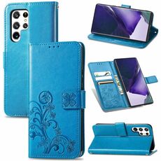 Per Samsung Galaxy S22 Ultra 5G chiusura a quattro foglie in rilievo in pelle con rilievo con cordino e slot per schede e portafoglio e funzionamento a portafinetto e staffa (blu)
