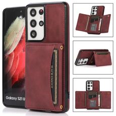 Per Samsung Galaxy S21 Custodia per cellulare Ultra Three-Piegata con slot e portafoglio e supporto per carte (vino rosso)