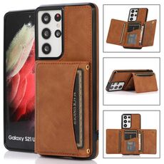 Per Samsung Galaxy S21 Ultra Three-Pelle Custodia in pelle con slot e portafoglio e portafoglio e supporto (marrone)