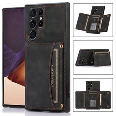 Per Samsung Galaxy S22 Ultra Three-Pelle Custodia in pelle con slot per carte e portafoglio e supporto (nero)
