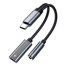Ta2b USB-C / Type-C Maschio maschio a PD 60W USB-C / Type-C Carica + Adattatore per auricolari femminile audio 3.5mm (grigio argento)
