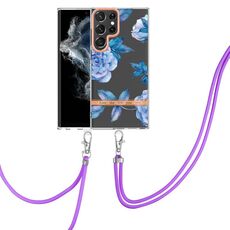 Per Samsung Galaxy S22 Ultra 5G Flowers Flowers Series Cassa del telefono TPU con cordino (peonia blu)