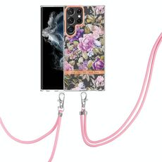 Per Samsung Galaxy S22 Ultra 5G Flowers Flowers Series TPU Cassa del telefono con cordino (peonia viola)