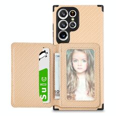 Per Samsung Galaxy S22 Ultra 5G Carbon Fibra di carbonio Supporto per carta magnetica TPU + Caso (Kaki)