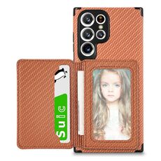 Per Samsung Galaxy S22 Ultra 5G Porta carte Magnetic in fibra di carbonio TPU + Custodia in PU (Brown)