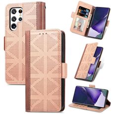 Per Samsung Galaxy S22 Ultra 5G Grid in pelle flip custodia in pelle (albicocca)
