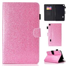 Per Huawei MediaPad T3 7.0 Custodia in pelle con flip orizzontale in polvere glitterata con supporto e slot per scheda (rosa)