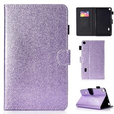 Per Huawei MediaPad T3 7.0 Custodia in pelle con flip orizzontale in polvere glitterata con supporto e slot per scheda (viola)