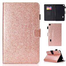 Per Huawei MediaPad T3 7.0 Custodia in pelle con flip orizzontale in polvere glitterata con supporto e slot per scheda (oro rosa)