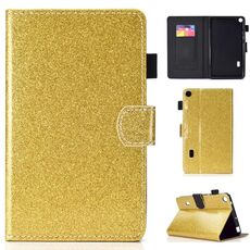Per Huawei MediaPad T3 7.0 Custodia in pelle con flip orizzontale in polvere glitterata con supporto e slot per scheda (oro)