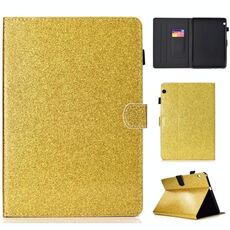 Per Huawei MediaPad T3 10.0 Custodia in pelle con flip orizzontale in polvere glitterata con supporto e slot per scheda (oro)