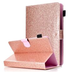 Per tablet da 7 pollici, vernice, polvere glitterata, custodia in pelle con vibrazione orizzontale, con supporto e slot per schede (oro rosa)