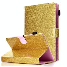 Per tablet da 7 pollici, vernice, polvere glitterata, custodia in pelle a ribaltamento orizzontale con supporto e slot per scheda (oro)